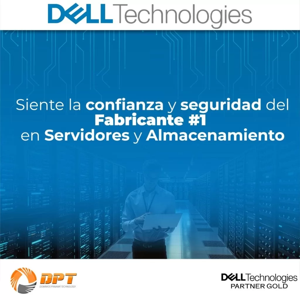 Logotipo de Dell Technologies con las palabras "se confianza segura de servicios y almacenamiento".