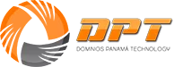 El logo de dpt con fondo naranja y negro.